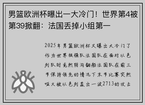 男篮欧洲杯曝出一大冷门！世界第4被第39掀翻：法国丢掉小组第一